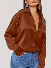 Casual Blouse Women's Solid Satin Button Up Long Sleeve Blouse