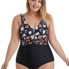 Colorblock Floral Print One Piece Swimsuit Plus Size