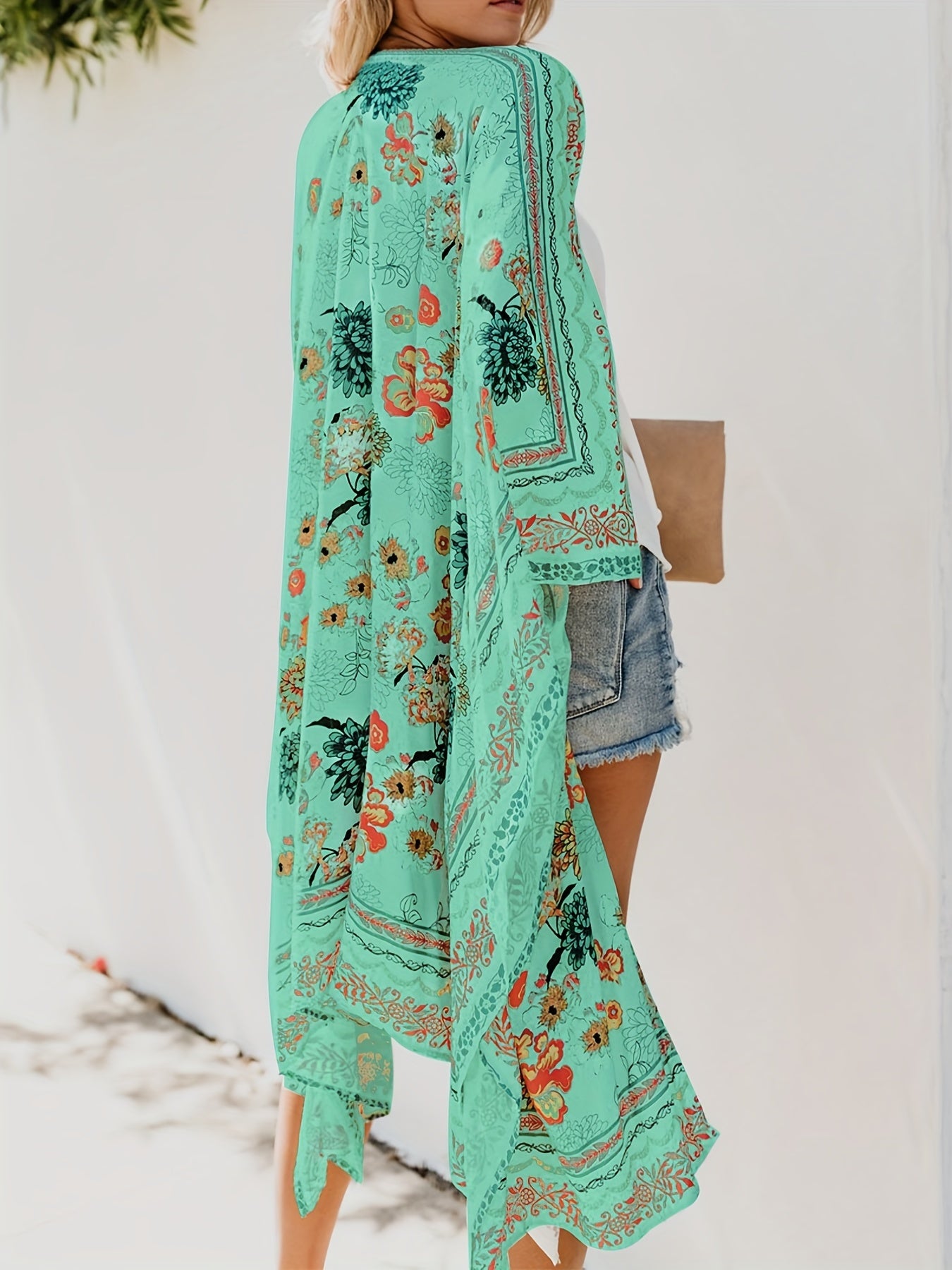 Floral Pattern Cover Up Shirt V Neck Loose Fit Beachwear Kimono