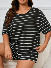 Casual Pajama Set Women's Plus Stripe Print Tee & Shorts Set