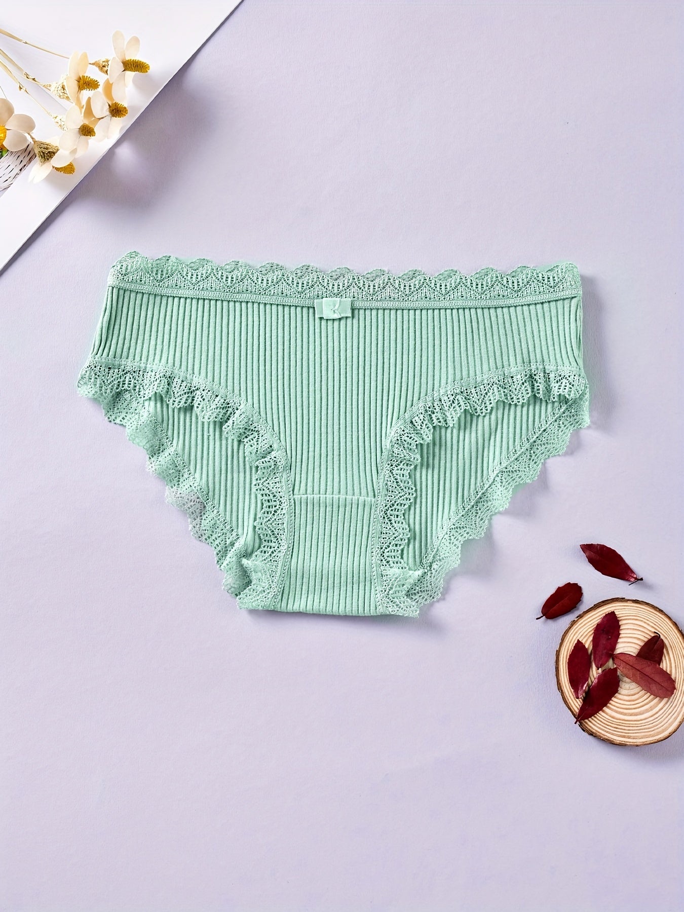 4pcs Lace Trim Ribbed Briefs Stretchy Intimates Panties
