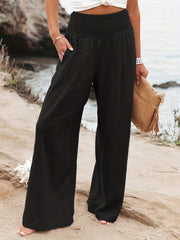 Solid Elastic Waist Wide Leg Pants for Women