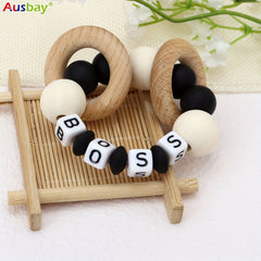 Personalized Wooden Teether Ring with Silicone Beads