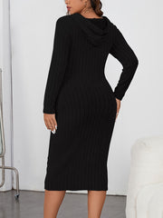 Solid Ribbed Long Sleeve Drawstring Hooded Dress