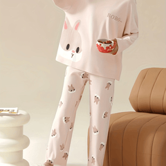 Bunny Print Pajama Set Long Sleeve Crew Neck Top & Pants Women's Sleepwear
