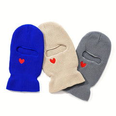 Red Heart Embroidery Ski Mask Solid Beanie Knitted Face Covering Elastic