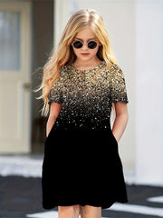 Girls Sequin Print Short Sleeve Dress for Summer