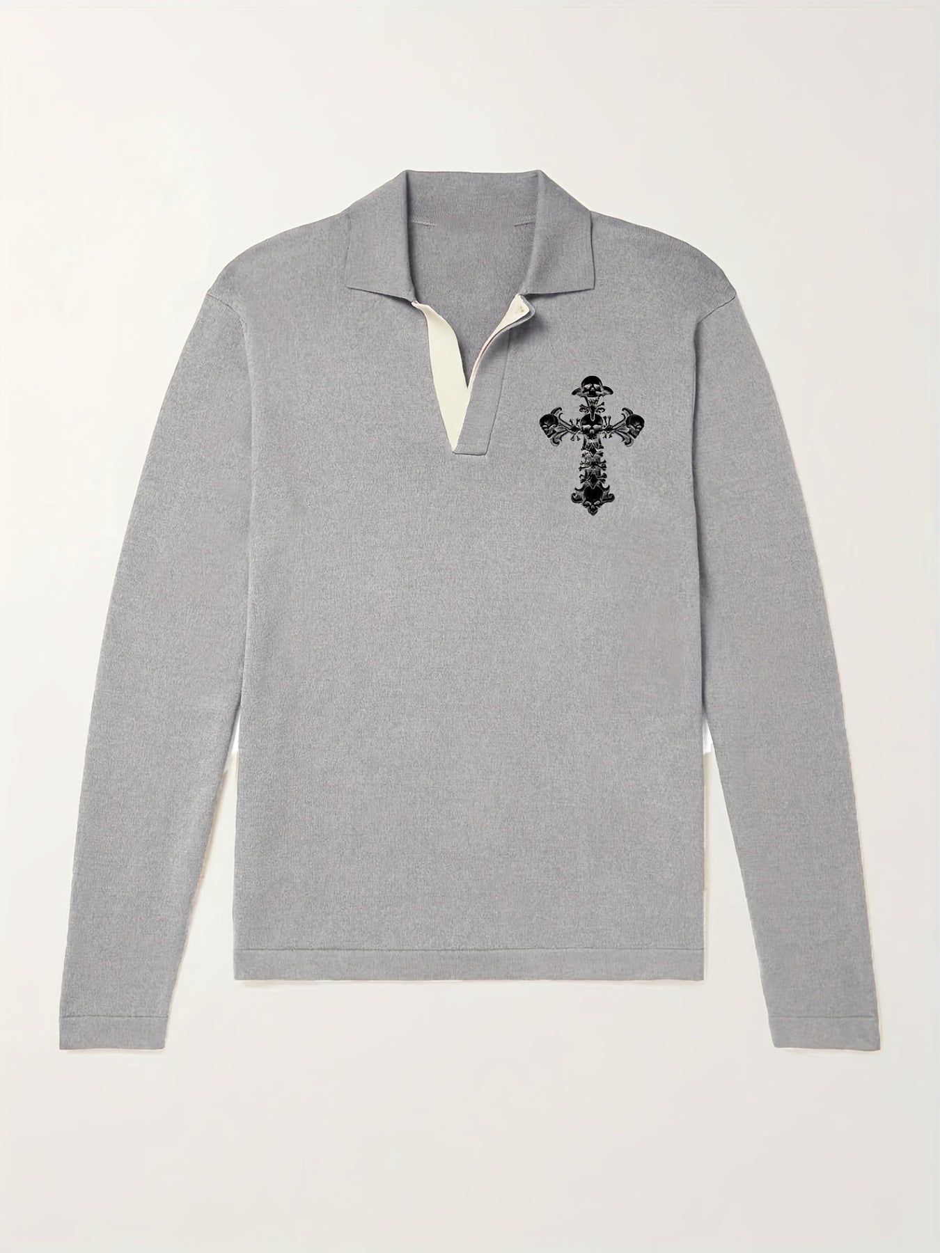 Knitted Cross Print Sweater Men's Warm V Neck Pullover For Fall Winter