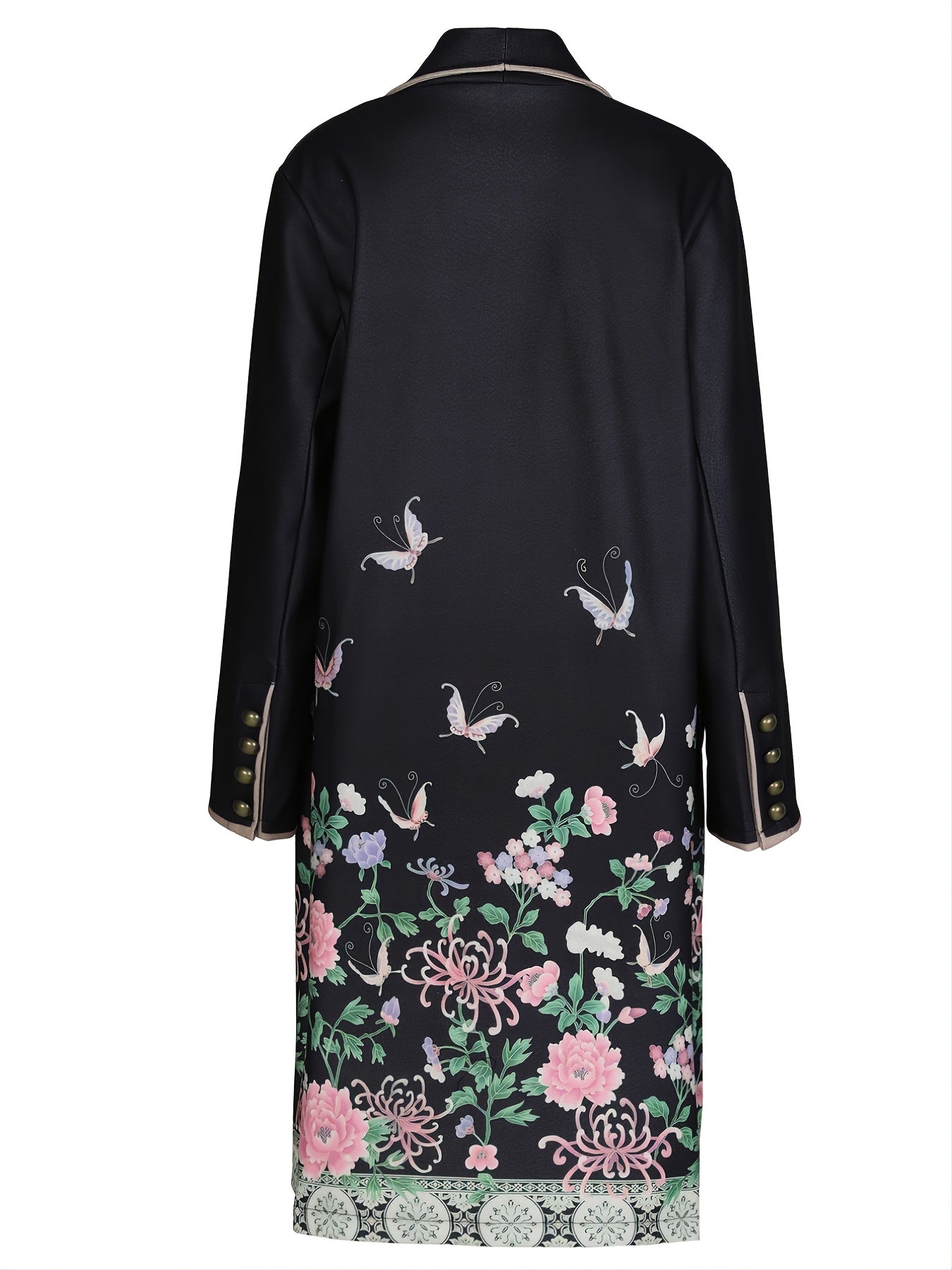 Floral Print Mid Length Coat Lapel Long Sleeve Button Coat