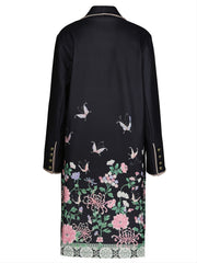 Floral Print Mid Length Coat Lapel Long Sleeve Button Coat