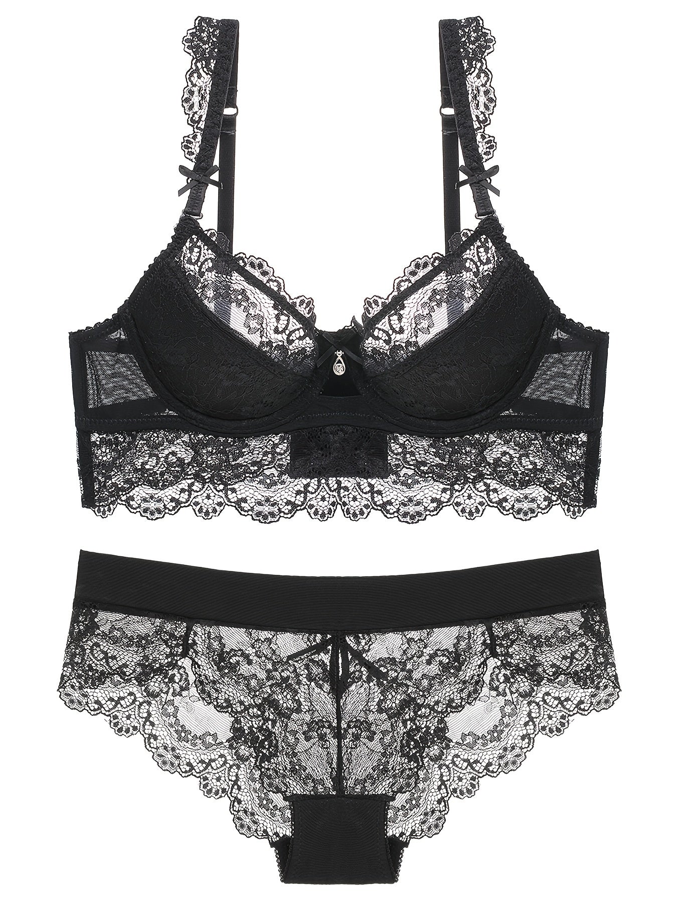 Lace Thin Cup Lingerie Set Breathable Semi Sheer Knitted Fabric Intimates