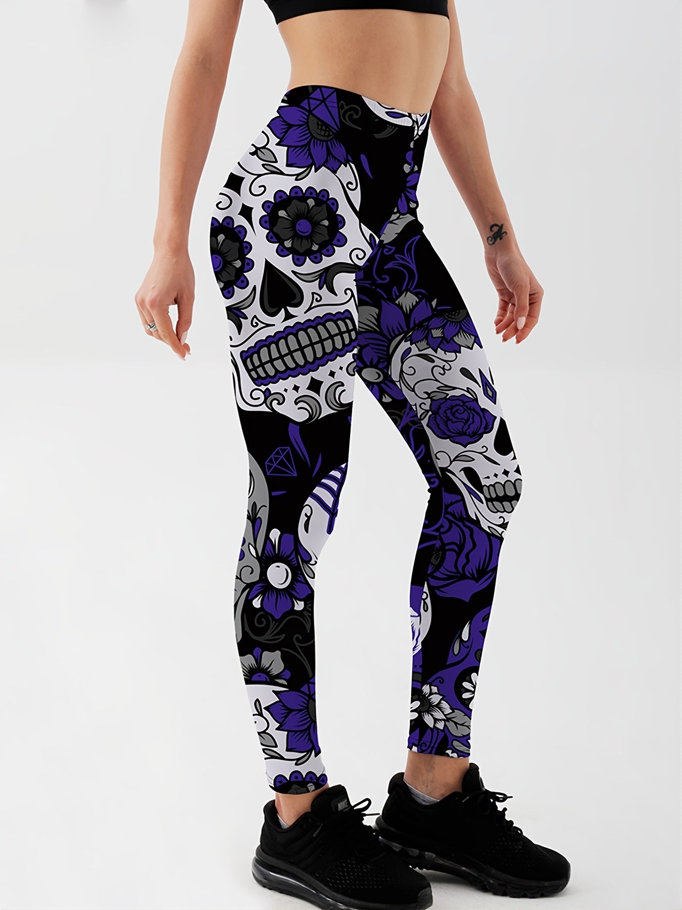 Flower & Skull Print Yoga Leggings Halloween Fitness Workout Pants