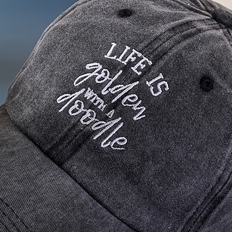 Distressed Baseball Cap Life Is Golden Doodle Embroidery