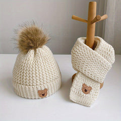 Kids Bear Woolen Hat Scarf Set Winter Warm Plus Velvet