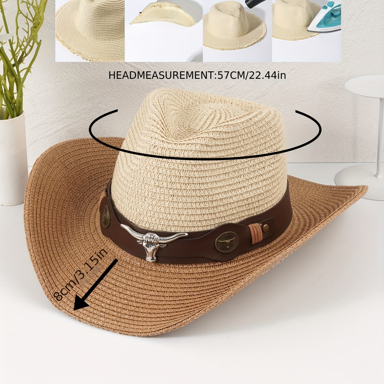 Vintage Bull Head Belt Cowboy Hat Straw Jazz Hat for Women & Men
