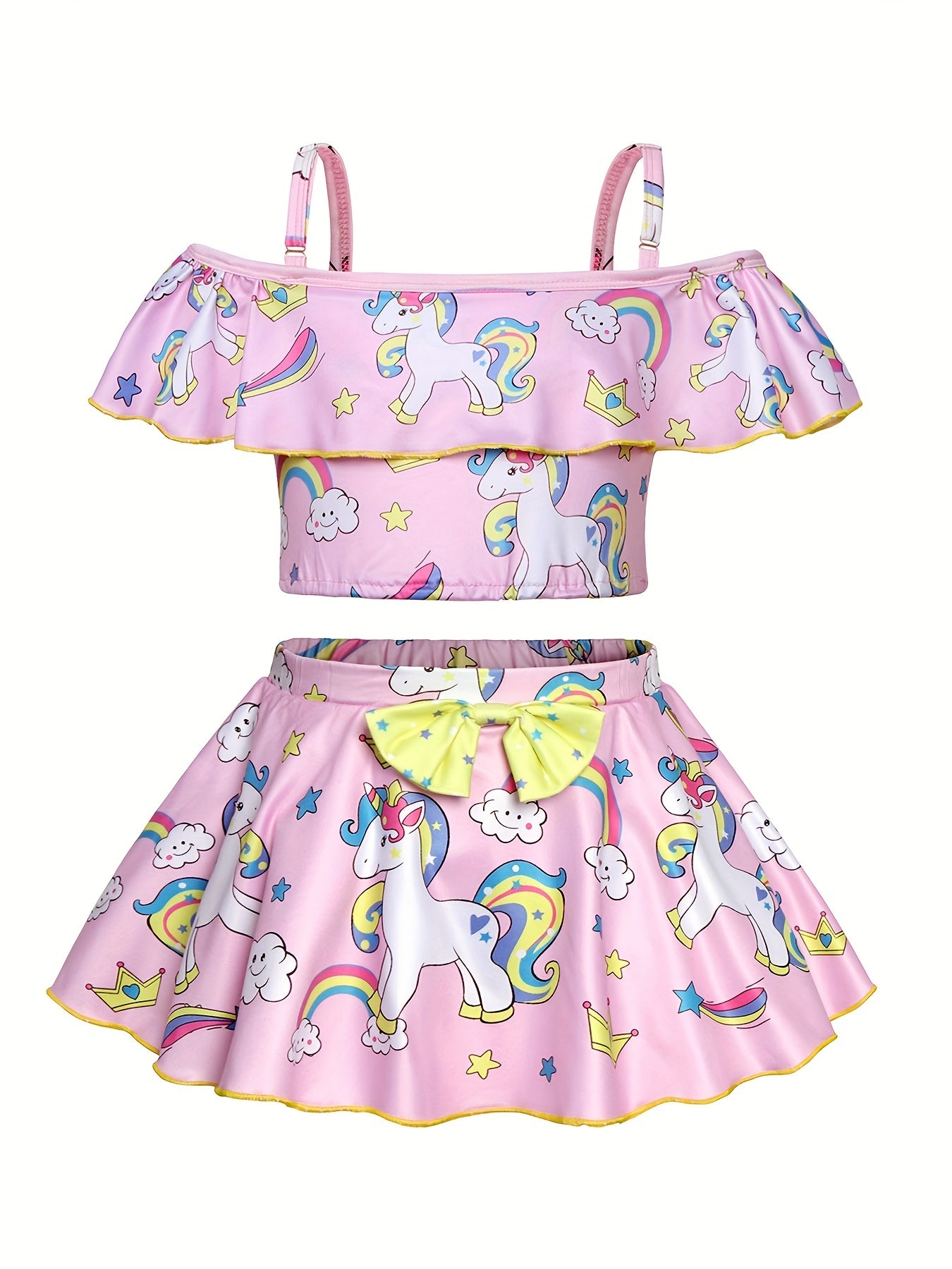 Girls Unicorn Bikini Set Off Shoulder Strappy Bikini Top Skirt Swimwear