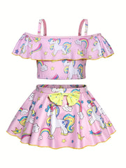 Girls Unicorn Bikini Set Off Shoulder Strappy Bikini Top Skirt Swimwear