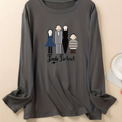 Family Portrait Print Long Sleeve Round Neck Plus Size Loungewear Top