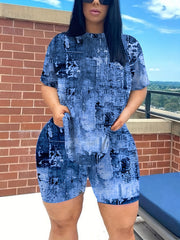 Women's Plus Denim Print Top & Shorts Outfits 2 Piece Set