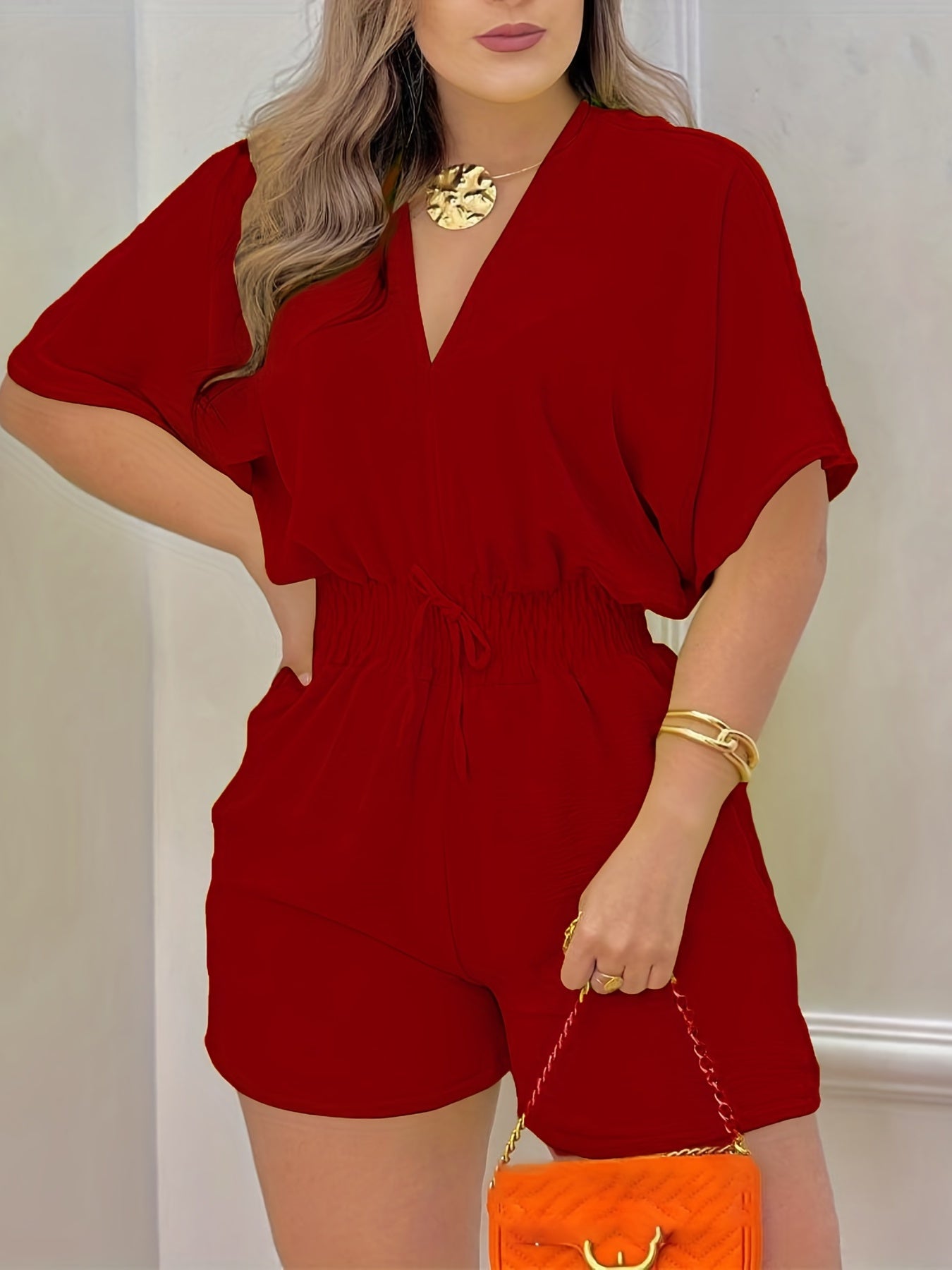 Shirred Drawstring Waist Romper Jumpsuit V neck Casual Women's Clothing