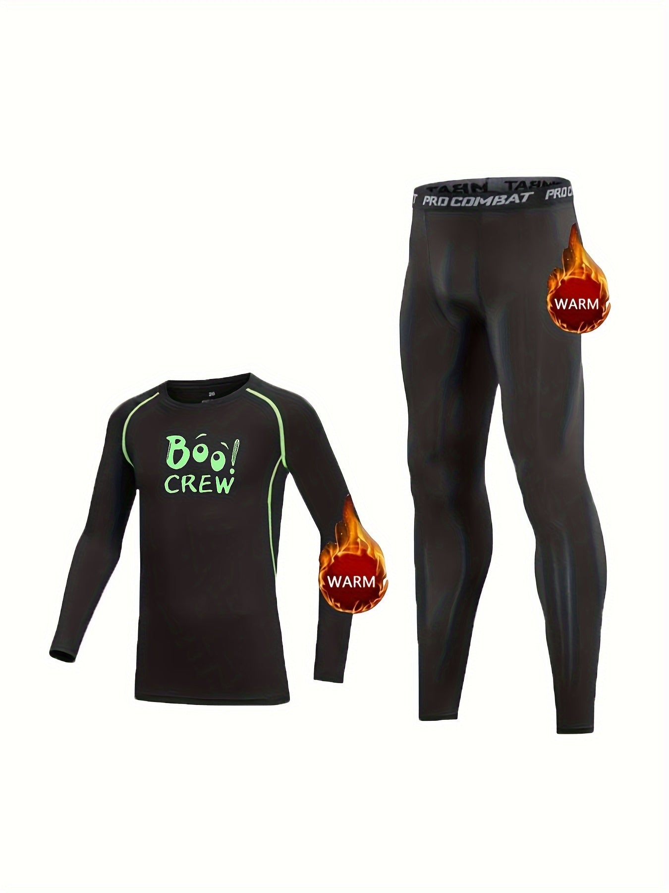 2pcs Kids Fleece Compression Sets Crew Print Pullover Matching Pants