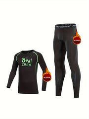 2pcs Kids Fleece Compression Sets Crew Print Pullover Matching Pants