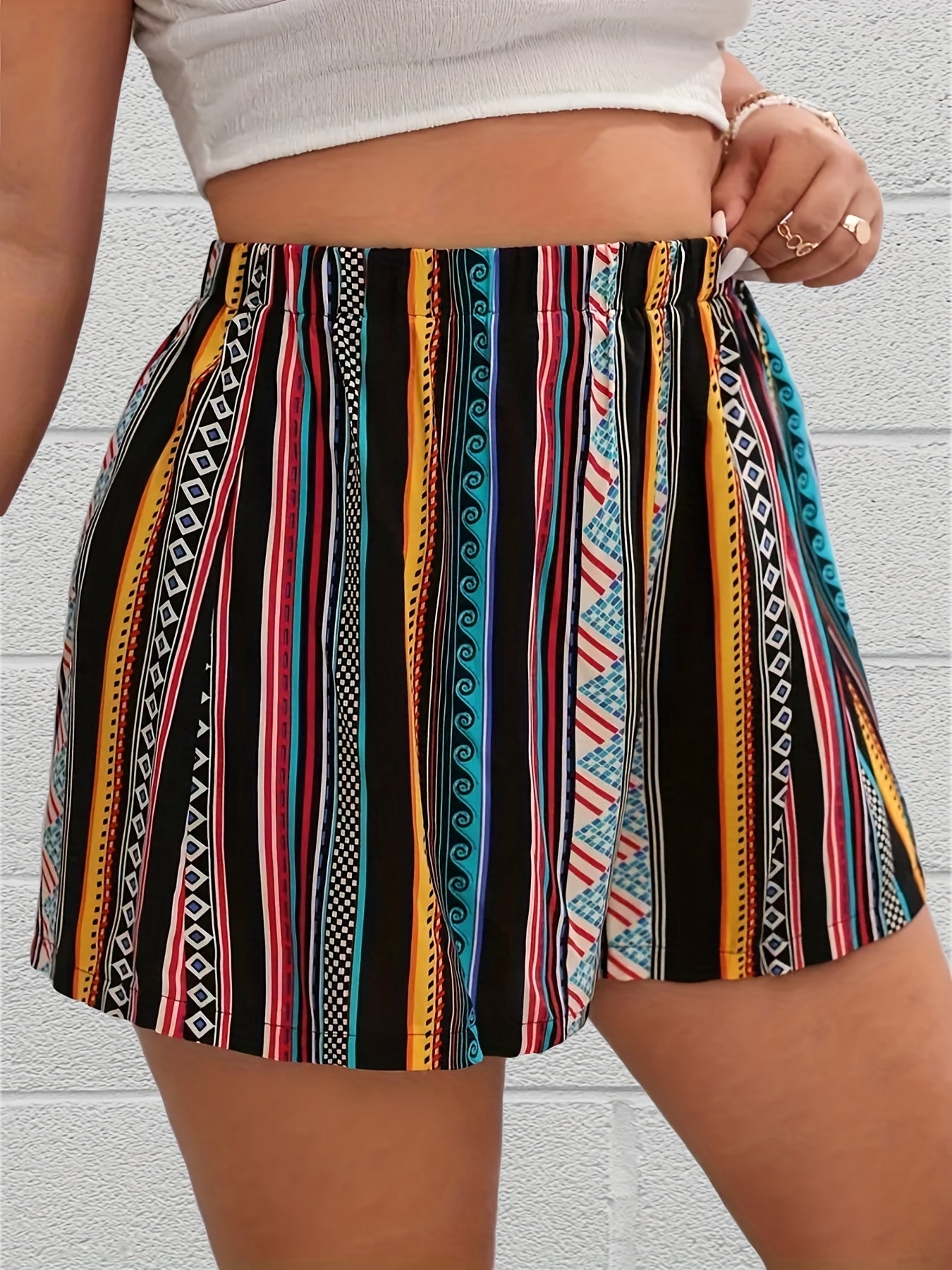 Striped Boho Elastic Waist Shorts for Women