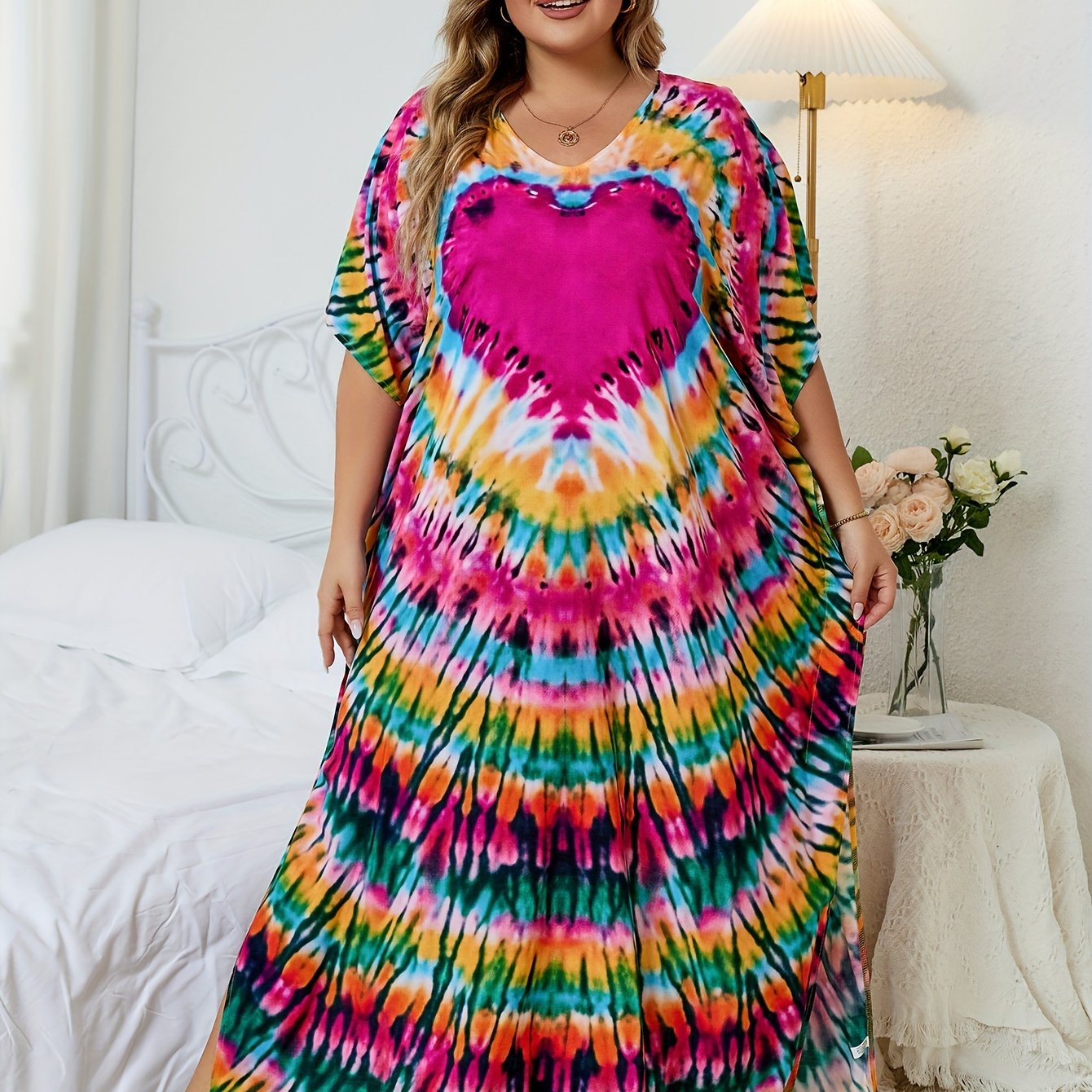 Boho Cover Up Women's Plus Tie Dye Print Split Maxi Beach Cover Up