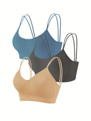 3pcs Solid Ribbed Wireless Bras Double Straps Lingerie