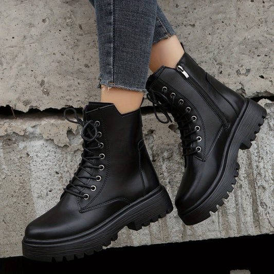 Women's Lace Up Short Boots Side Zipper Solid Casual Shoes