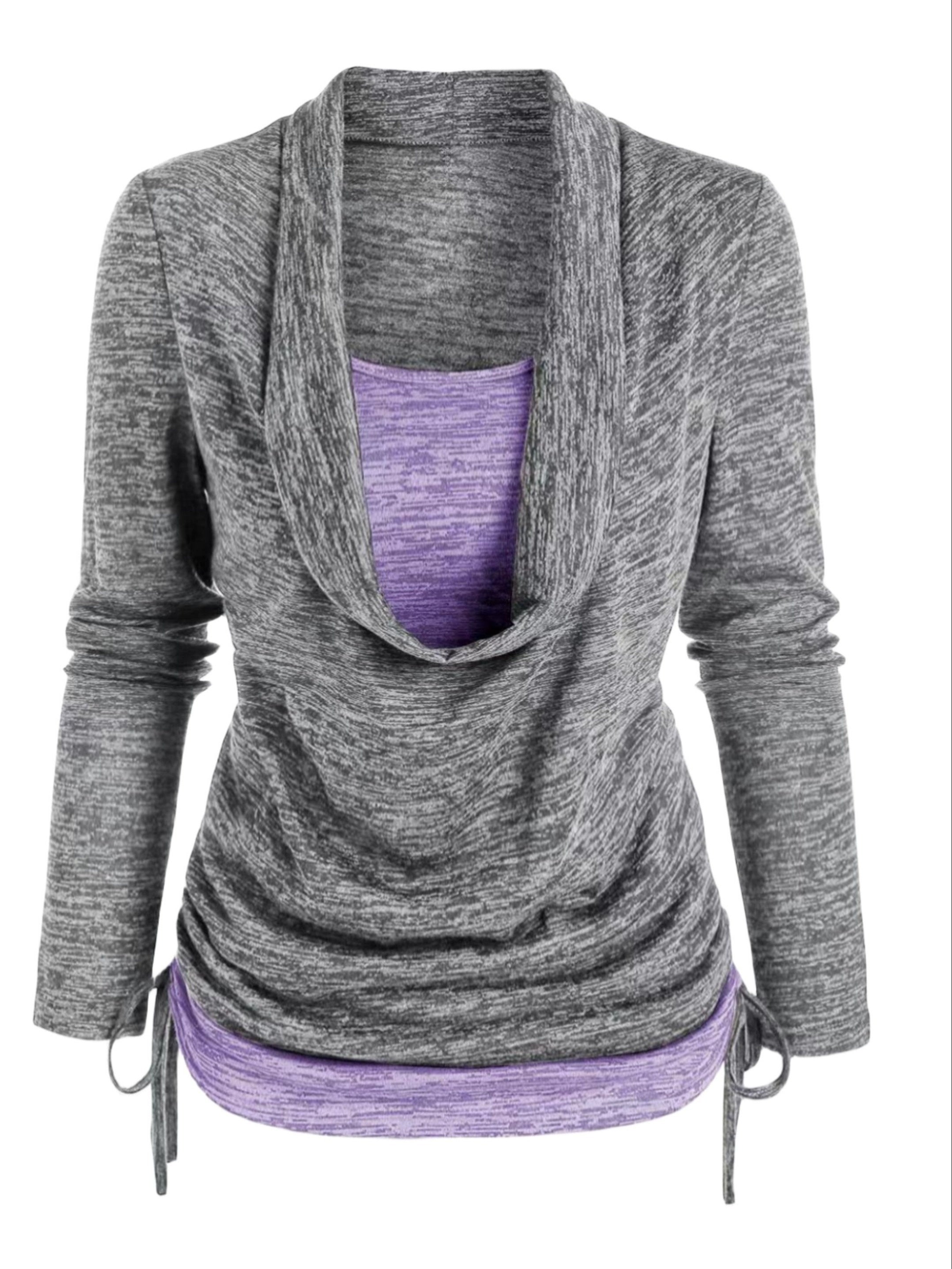 Colorblock Knit Top Cowl Neck Ruched Side 2 in 1 Top