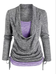 Colorblock Knit Top Cowl Neck Ruched Side 2 in 1 Top