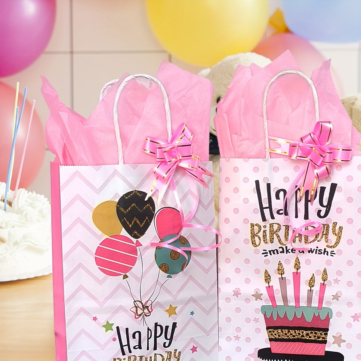 4pcs Happy Birthday Gift Bag Set with Wrappers and Ribbon Ties - Pink Series