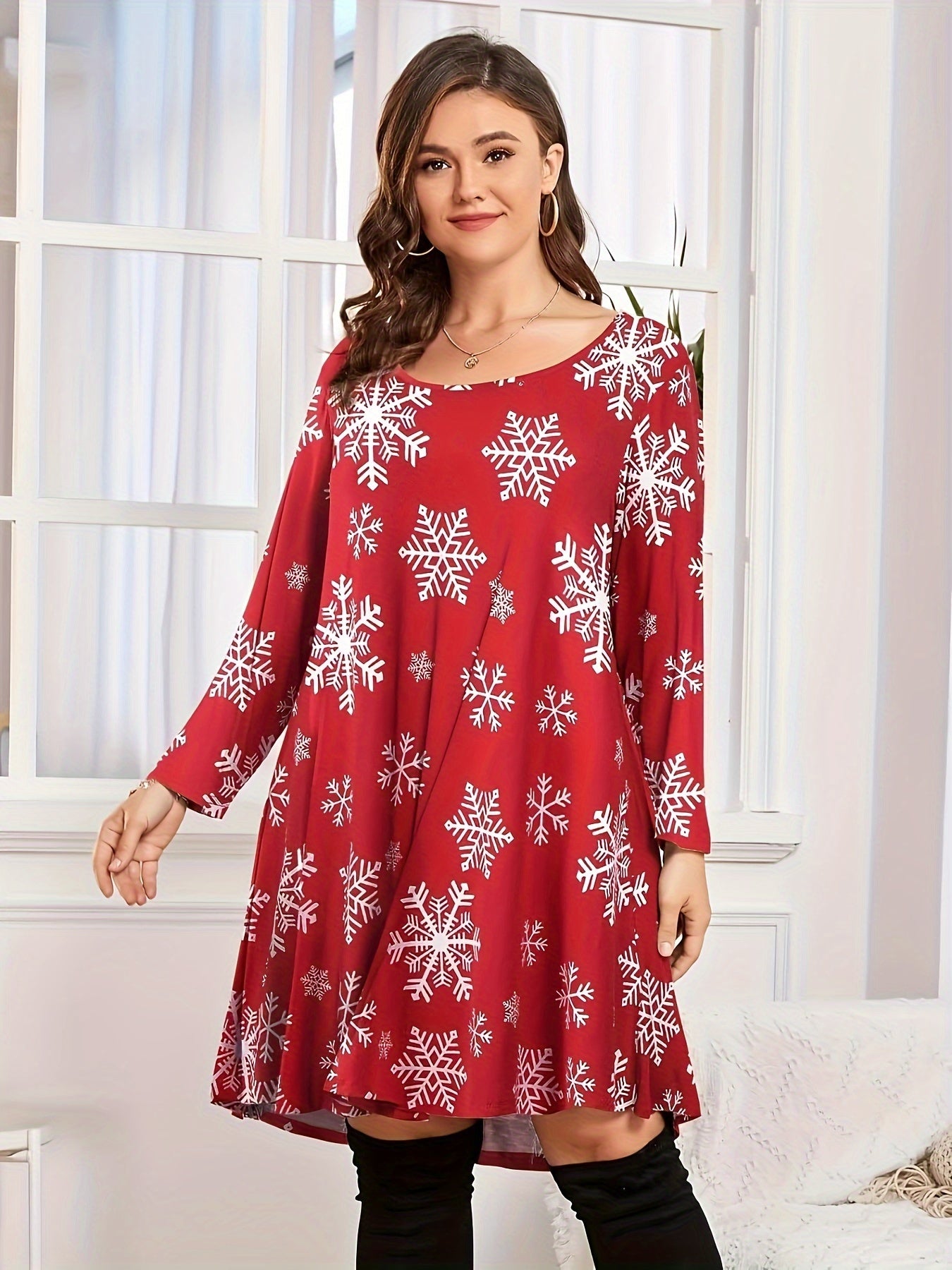 Christmas Dress Women's Plus Allover Print Long Sleeve