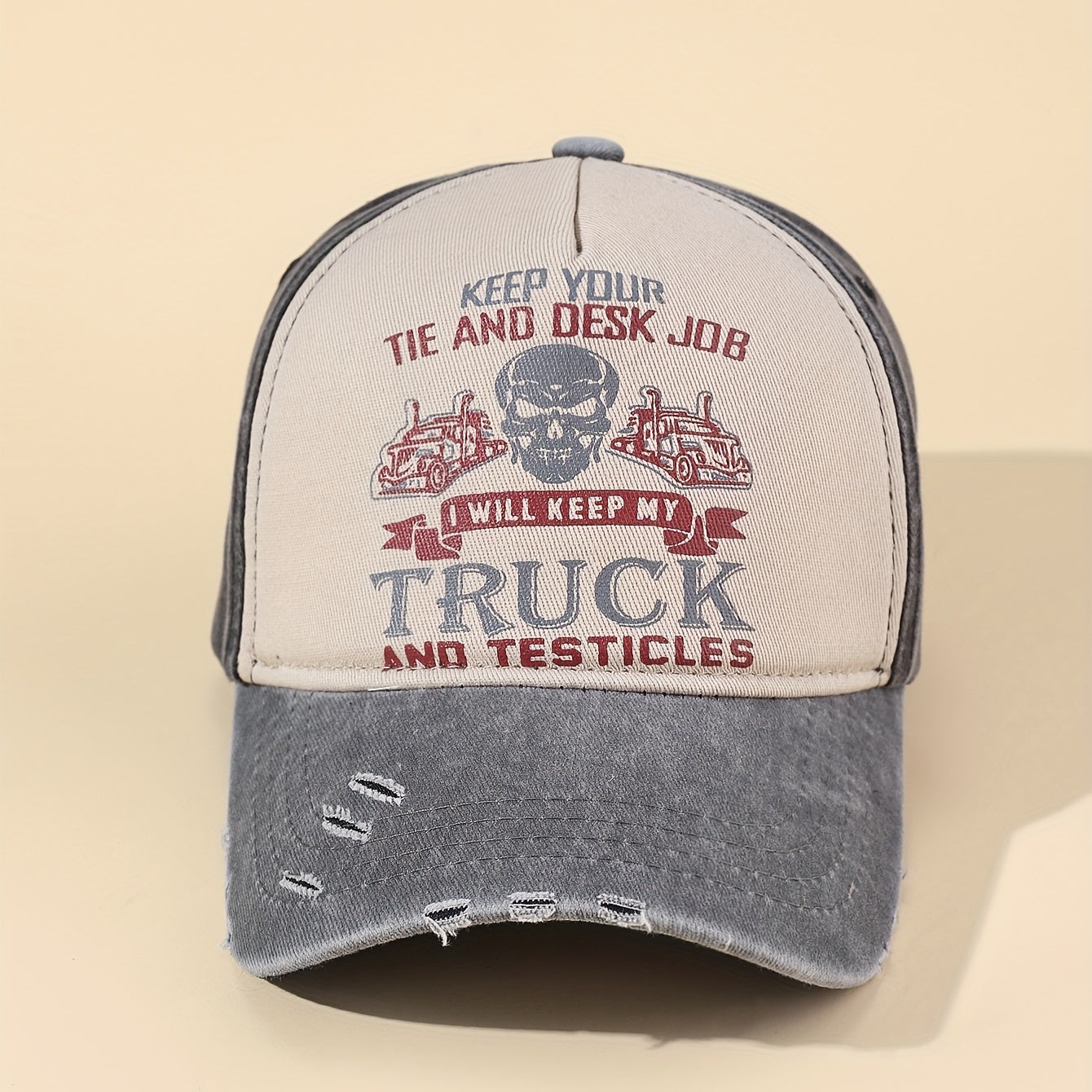 Skull Truck Print Baseball Cap Vintage Washed Distressed Ripped Dad Hats