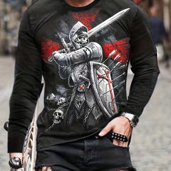 Skull Knight 3D Print Men's Graphic T shirt Long Sleeve Pullover Tops