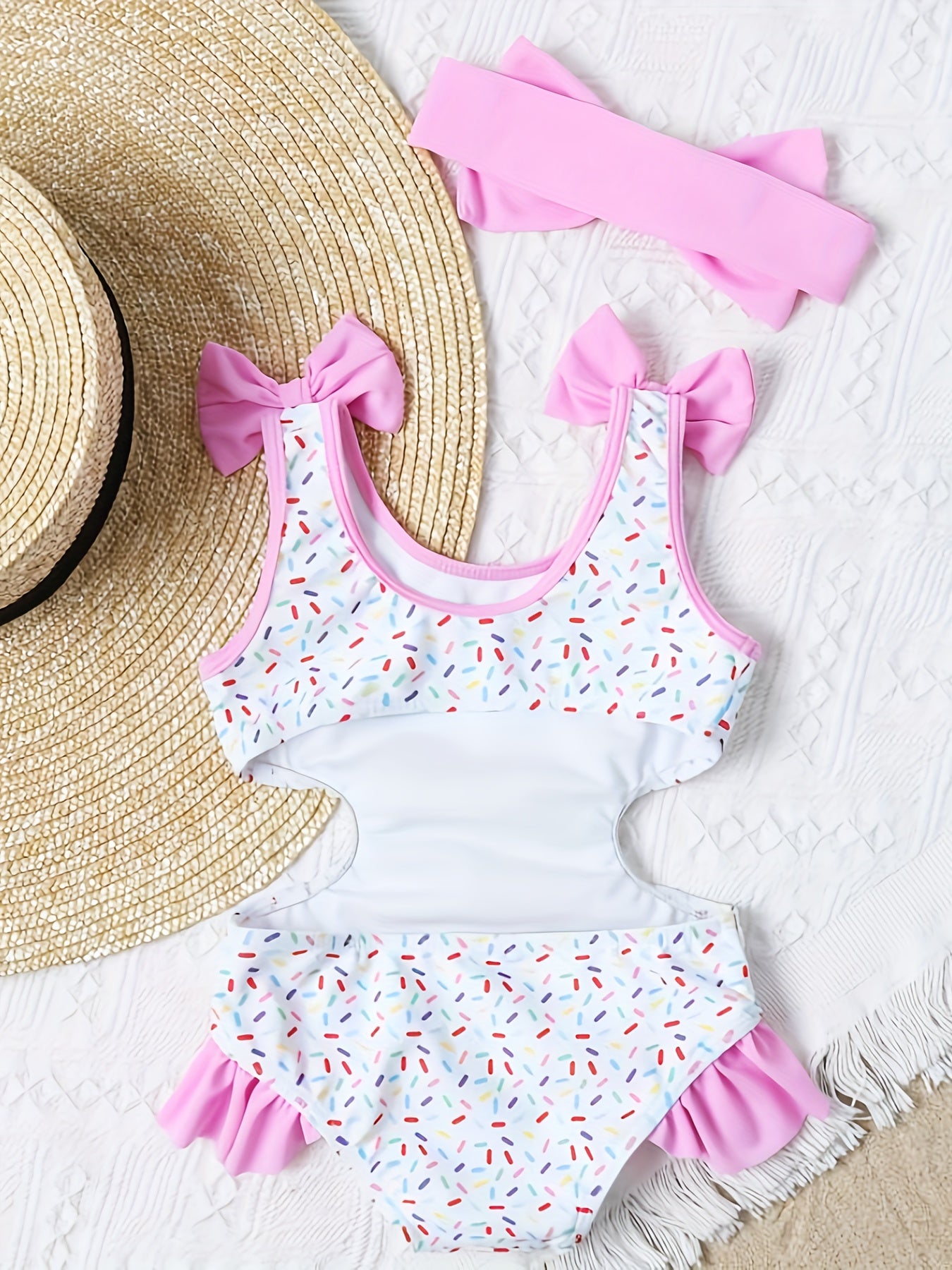 Girls Ice Cream Swimsuit with Ruffle Trim & Bow - Summer Swimwear