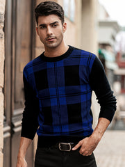 Men's Plaid Crew Neck Sweater Classic Long Sleeve Pullover