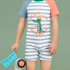 Boy's Crocodile Print One-Piece Swim Suit Short Sleeve Shorts