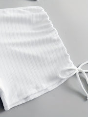 Casual Swimsuit Set Solid Ruched V Neck Crop Top