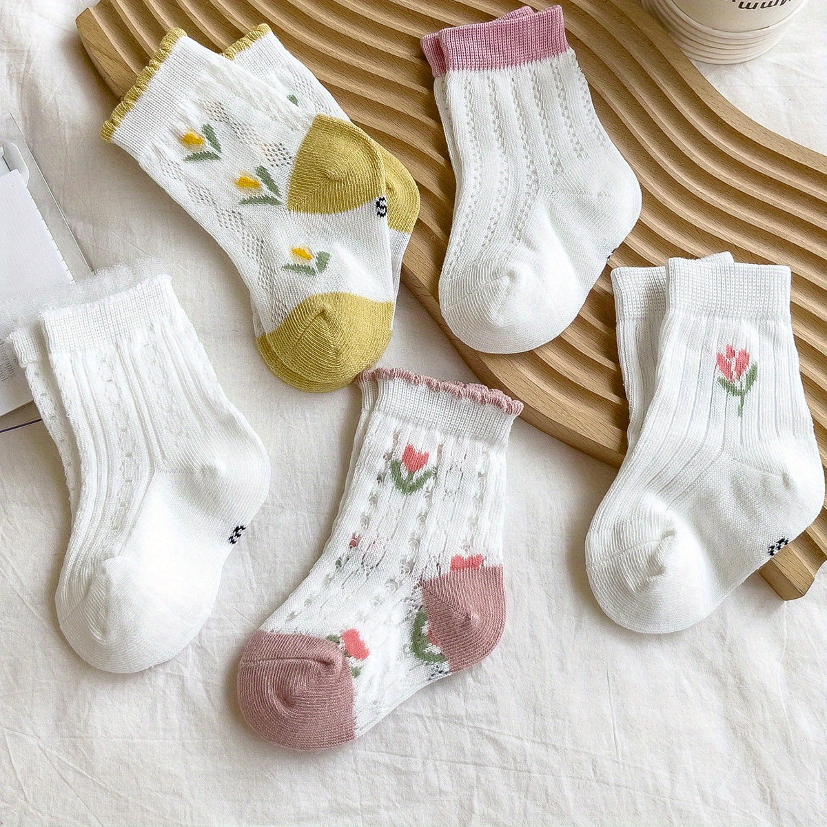 5 Pairs Small Flower Summer Thin Knee Socks for Baby and Child