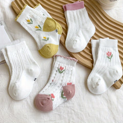 5 Pairs Small Flower Summer Thin Knee Socks for Baby and Child