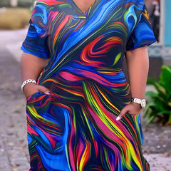 Women's Plus Painting Print V Neck Dress with Pockets