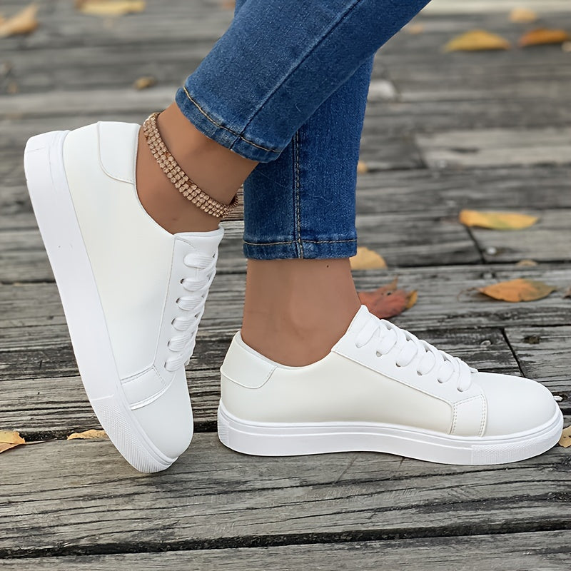 Solid Faux Leather Flat Skate Shoes Low Cut Lace Up Sneakers