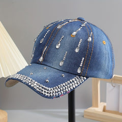 Distressed Denim Rhinestone Baseball Cap Adjustable Sun Hat
