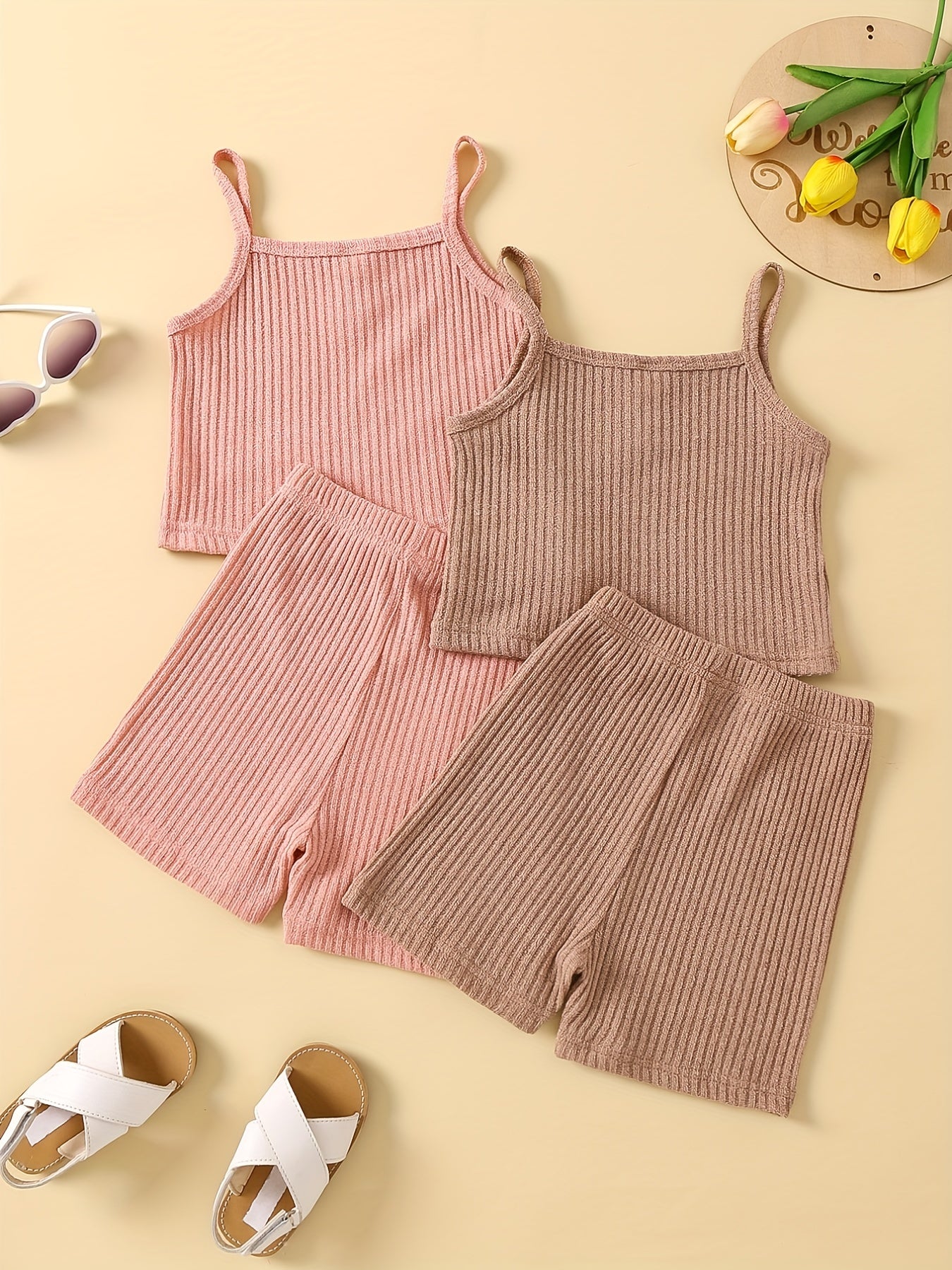2-Piece Toddler Girl's Ribbed Knit Cami Crop Tops & Track Shorts Summer Outfit