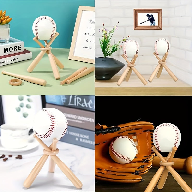 Wooden Baseball Display Stand with Mini Bats & Ring for Tennis Softball
