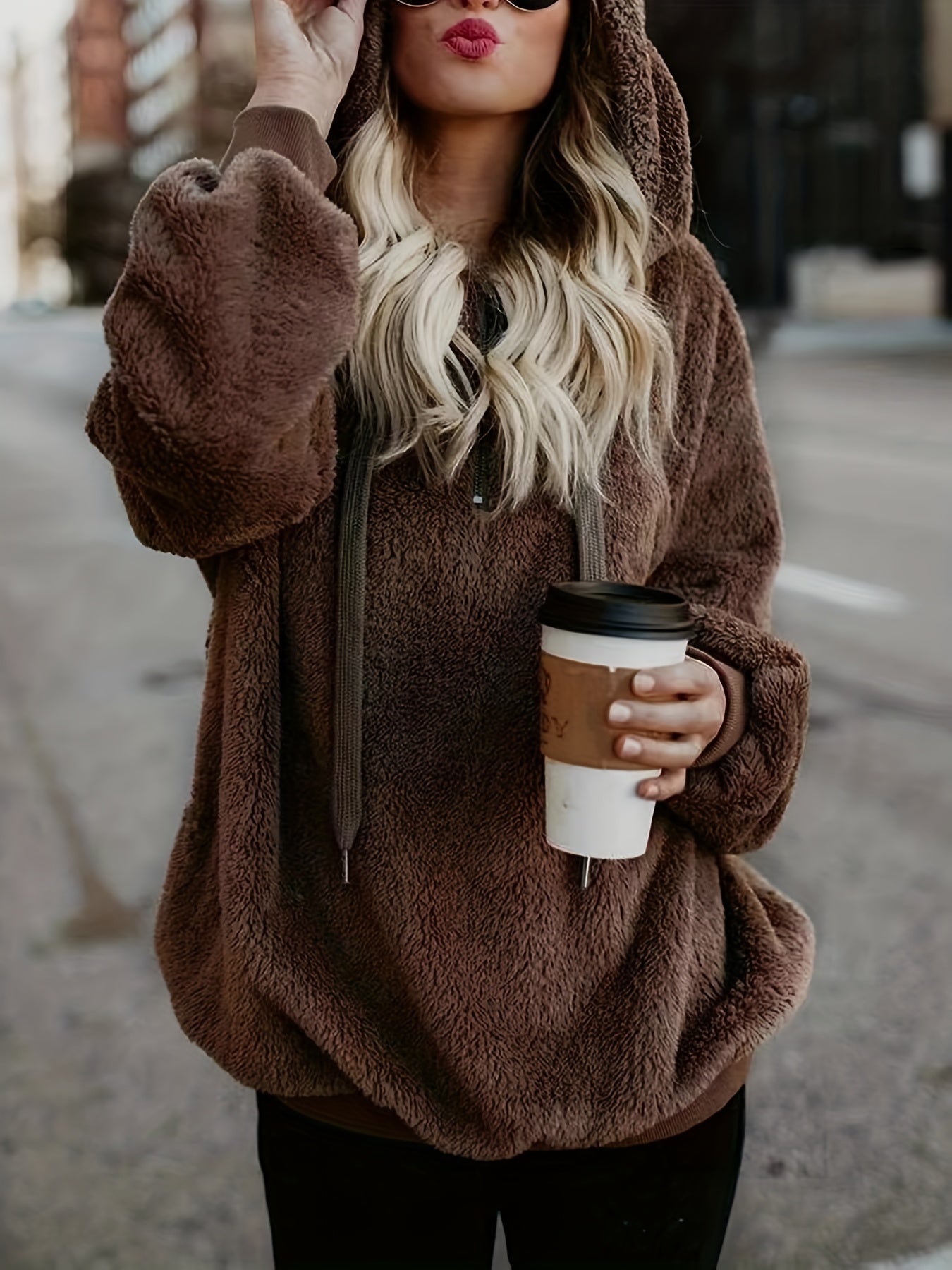 Solid Quarter Zip Fuzzy Hoodie Long Sleeve Hoodies Sweatshirt Women