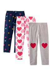3pcs Girls Heart Print Leggings Breathable Casual Pants For Kids