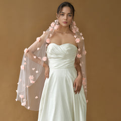 Romantic Lace Bridal Veil with Floral Embroidery & Pink Flowers